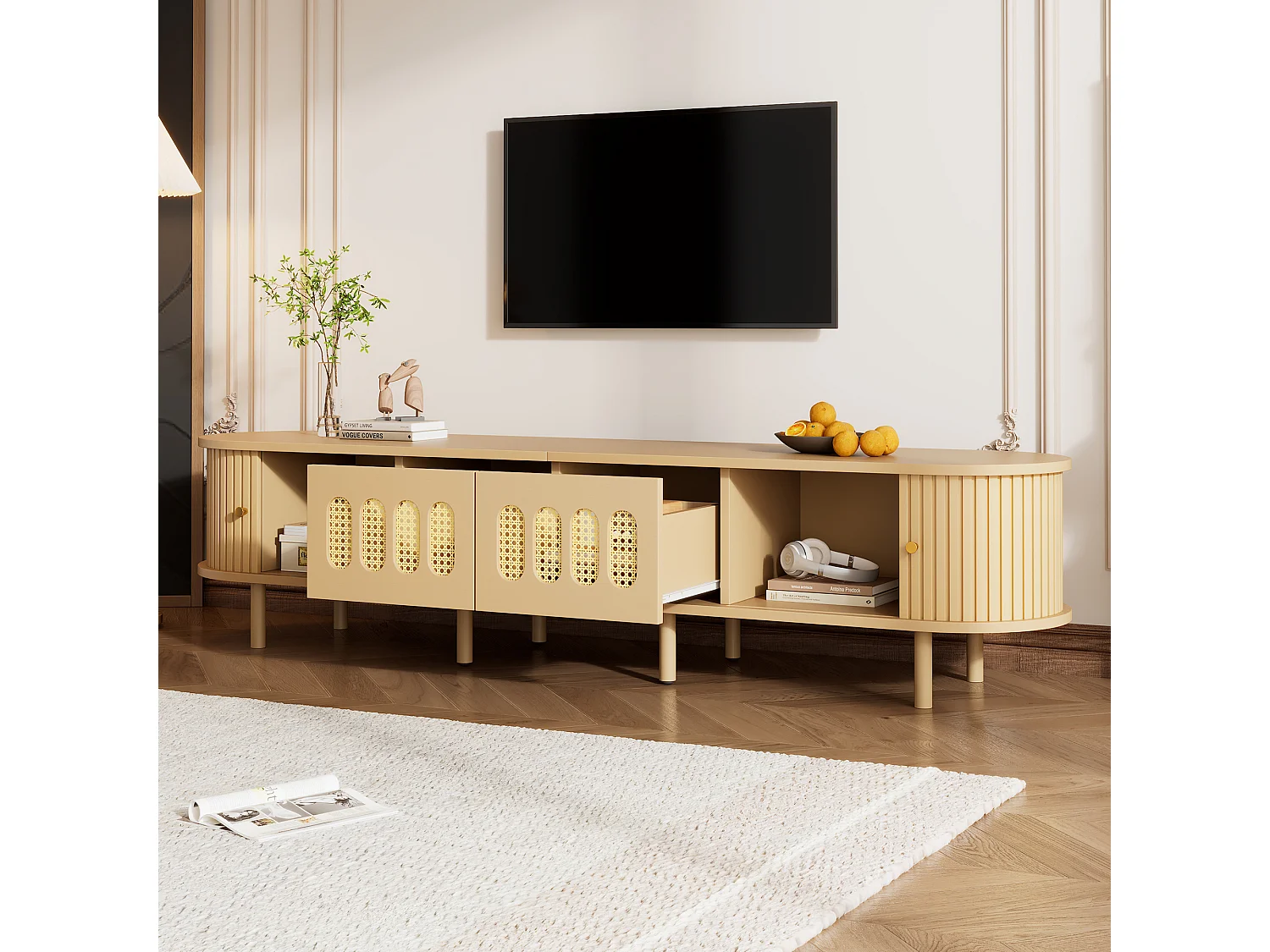 Meuble TV ovale 180x40x40 cm - 2 tiroirs en osier et 2 portes coulissantes - MDF - Convient aux TV jusqu'à 75 pouces - Naturel