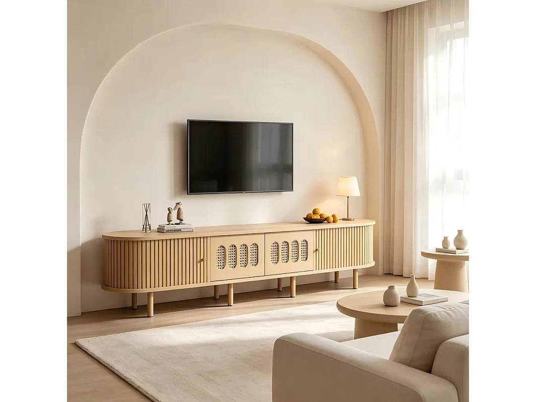 Meuble TV ovale 180x40x40 cm - 2 tiroirs en osier et 2 portes coulissantes - MDF - Convient aux TV jusqu'à 75 pouces - Naturel