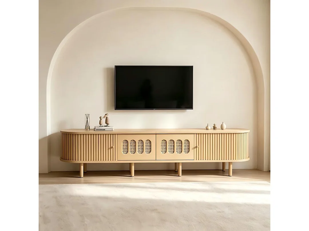 Meuble TV ovale 180x40x40 cm - 2 tiroirs en osier et 2 portes coulissantes - MDF - Convient aux TV jusqu'à 75 pouces - Naturel