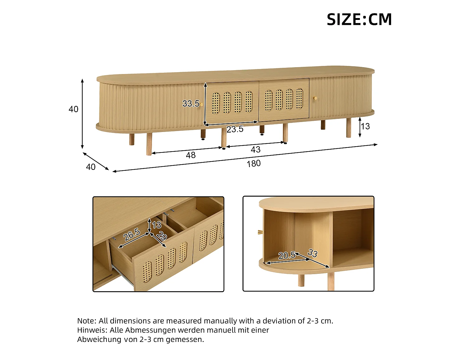 Meuble TV ovale 180x40x40 cm - 2 tiroirs en osier et 2 portes coulissantes - MDF - Convient aux TV jusqu'à 75 pouces - Naturel