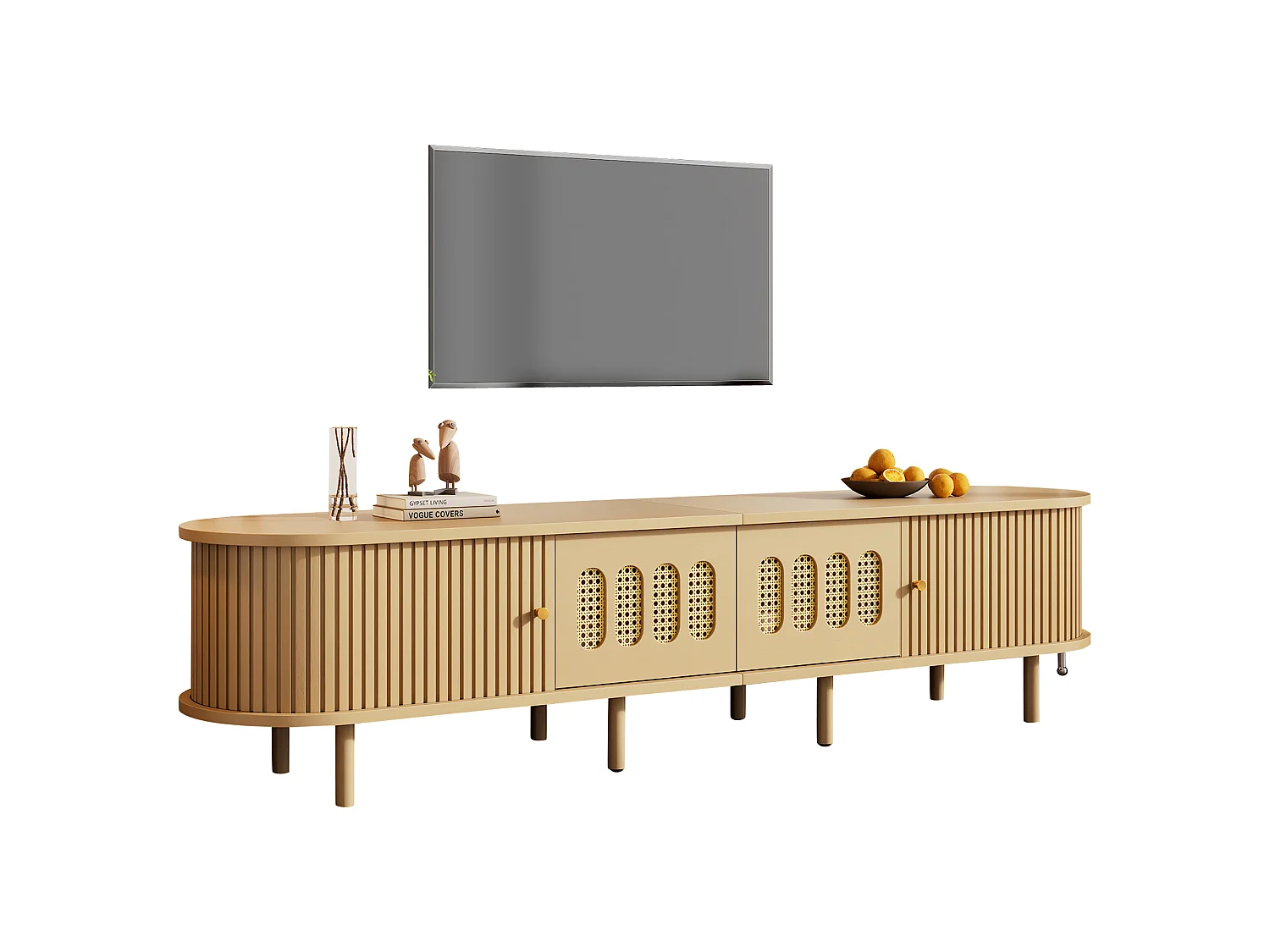 Meuble TV ovale 180x40x40 cm - 2 tiroirs en osier et 2 portes coulissantes - MDF - Convient aux TV jusqu'à 75 pouces - Naturel