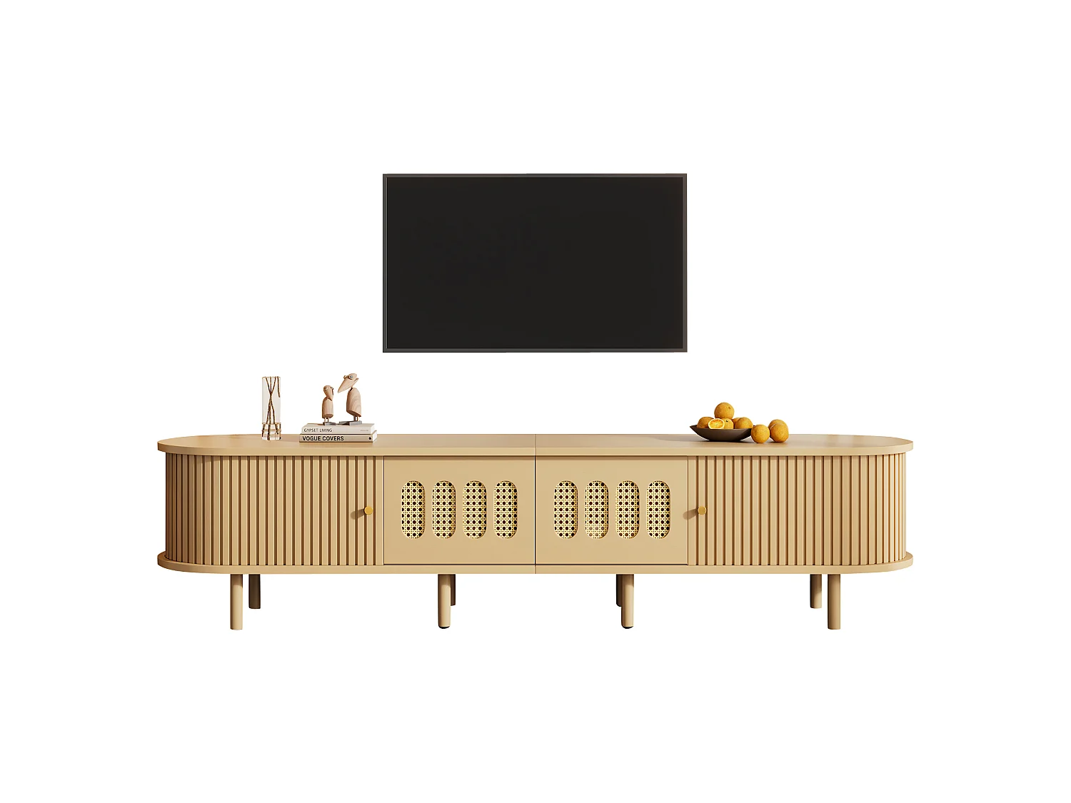 Meuble TV ovale 180x40x40 cm - 2 tiroirs en osier et 2 portes coulissantes - MDF - Convient aux TV jusqu'à 75 pouces - Naturel