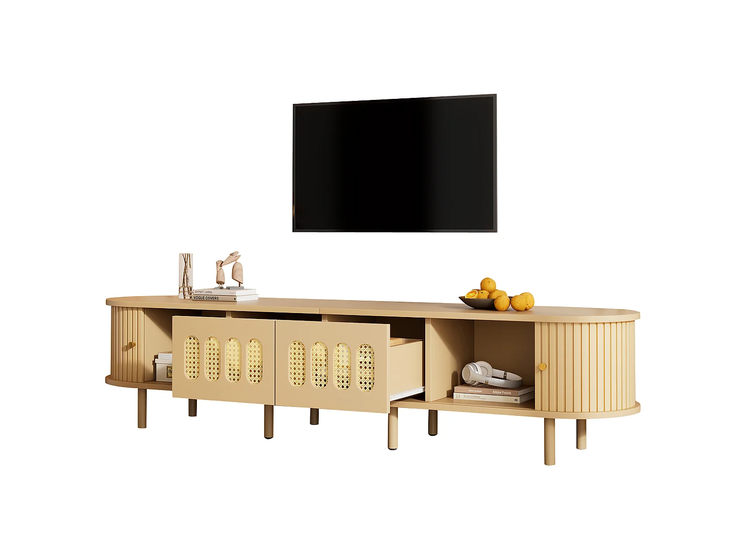 Meuble TV ovale 180x40x40 cm - 2 tiroirs en osier et 2 portes coulissantes - MDF - Convient aux TV jusqu'à 75 pouces - Naturel