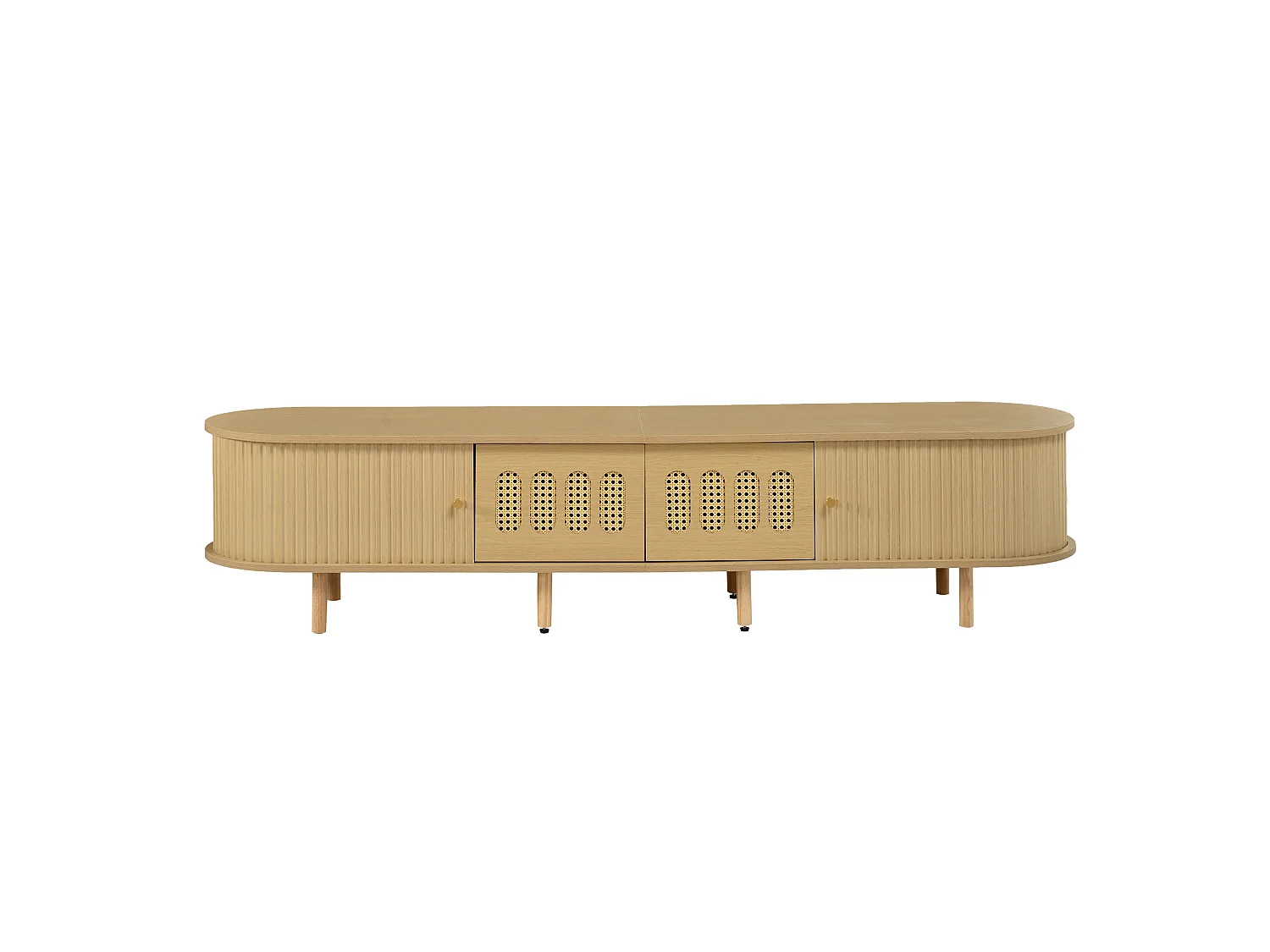 Meuble TV ovale 180x40x40 cm - 2 tiroirs en osier et 2 portes coulissantes - MDF - Convient aux TV jusqu'à 75 pouces - Naturel