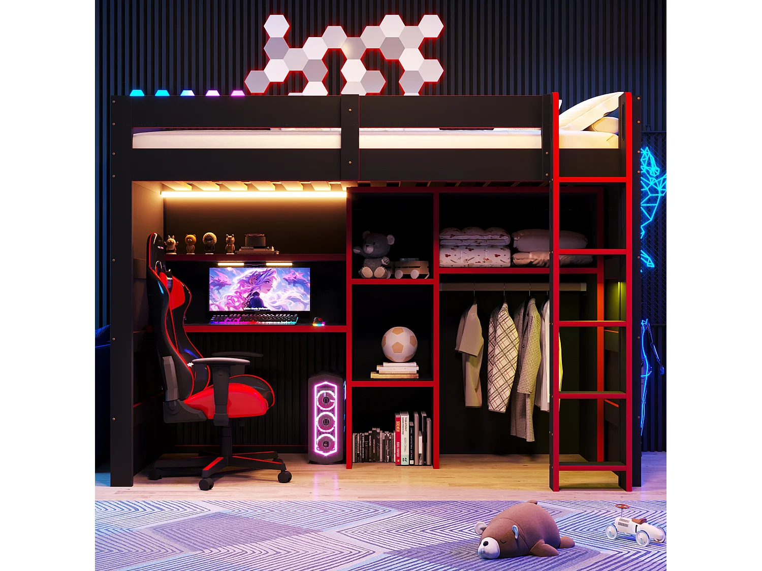 Lit mezzanine en bois 90x200 cm - Avec bureau, armoire et étagères - Éclairage LED et port USB - MDF - Noir et rouge (sans matelas)