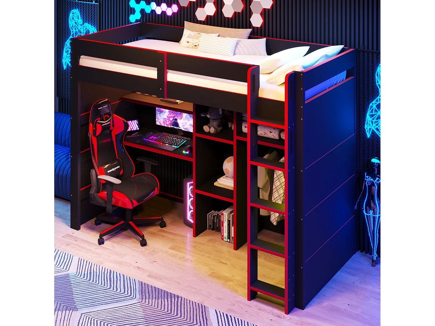 Lit mezzanine en bois 90x200 cm - Avec bureau, armoire et étagères - Éclairage LED et port USB - MDF - Noir et rouge (sans matelas)
