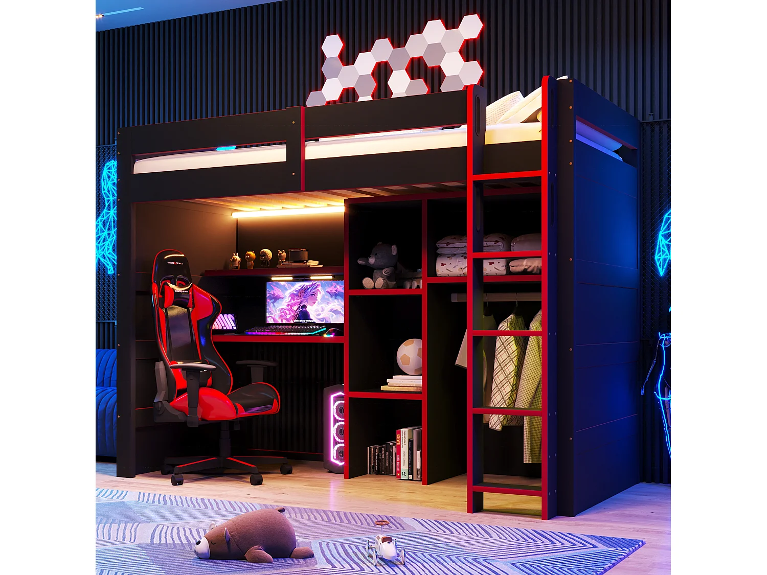 Lit mezzanine en bois 90x200 cm - Avec bureau, armoire et étagères - Éclairage LED et port USB - MDF - Noir et rouge (sans matelas)