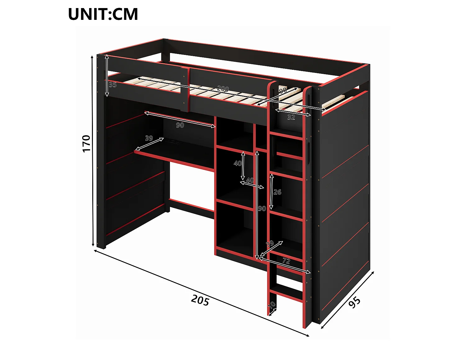Lit mezzanine en bois 90x200 cm - Avec bureau, armoire et étagères - Éclairage LED et port USB - MDF - Noir et rouge (sans matelas)