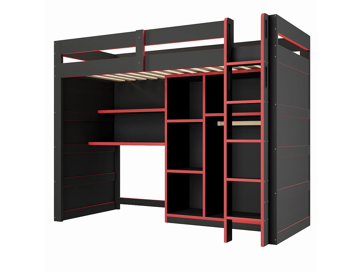 Lit mezzanine en bois 90x200 cm - Avec bureau, armoire et étagères - Éclairage LED et port USB - MDF - Noir et rouge (sans matelas)