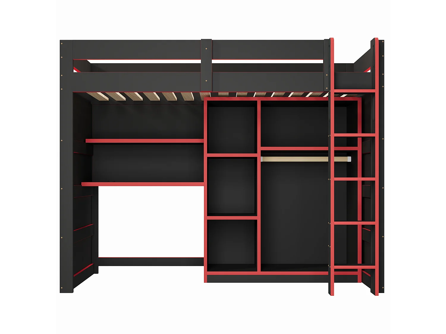 Lit mezzanine en bois 90x200 cm - Avec bureau, armoire et étagères - Éclairage LED et port USB - MDF - Noir et rouge (sans matelas)