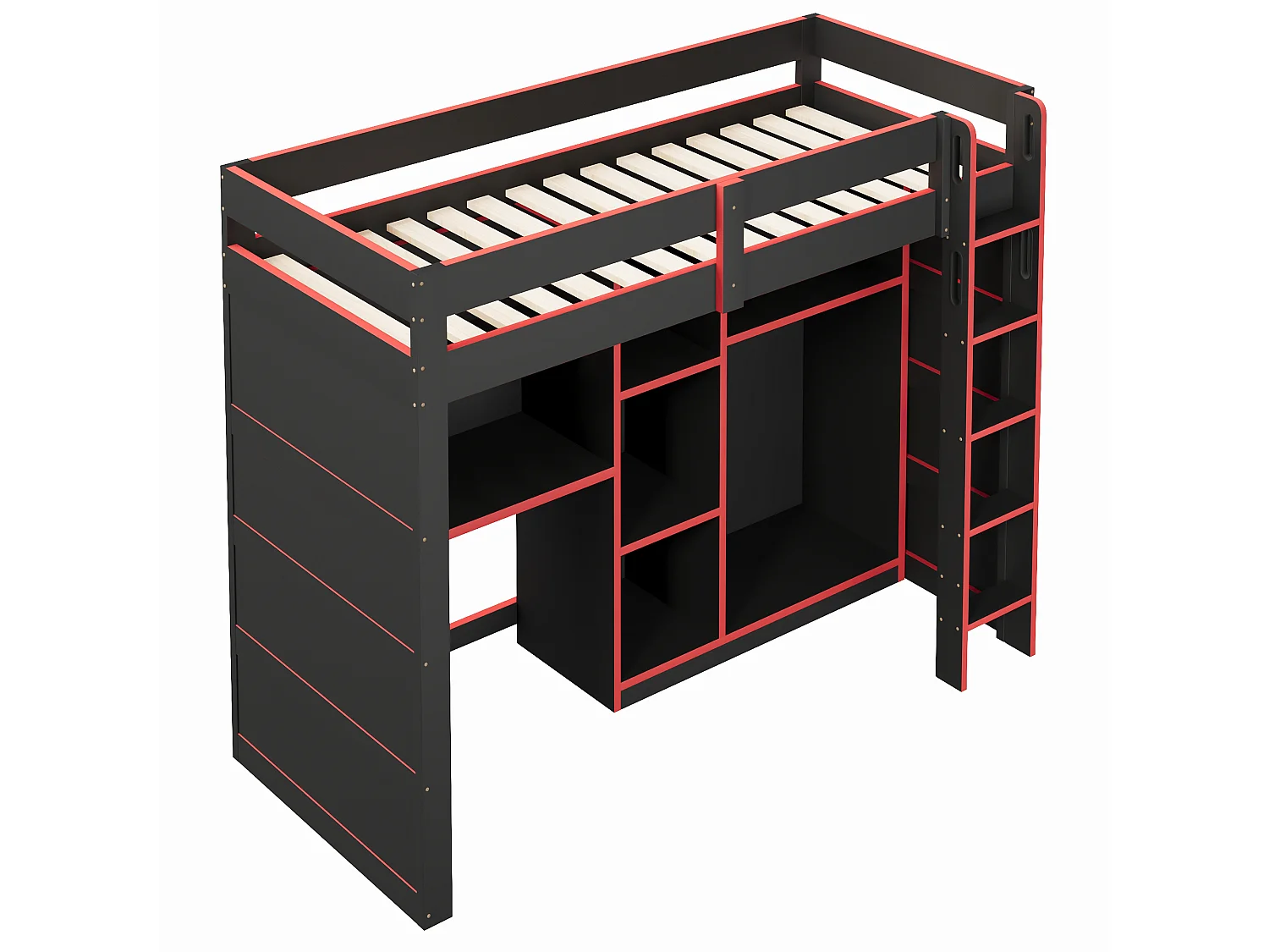 Lit mezzanine en bois 90x200 cm - Avec bureau, armoire et étagères - Éclairage LED et port USB - MDF - Noir et rouge (sans matelas)