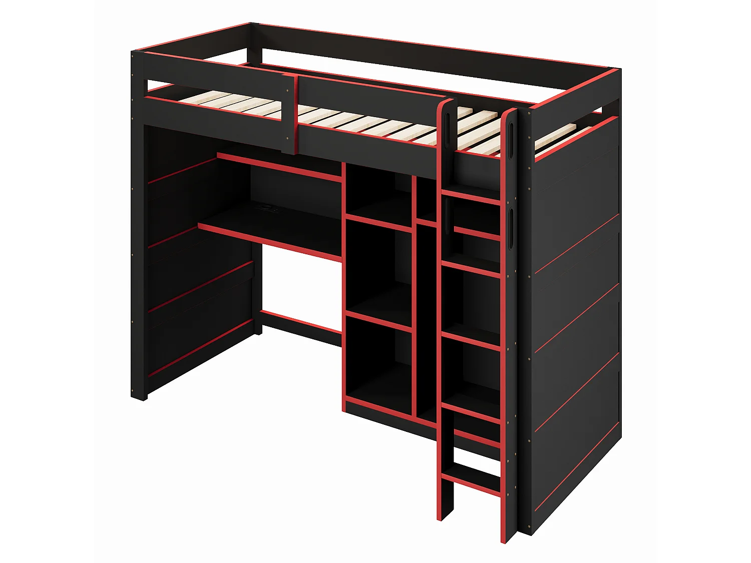 Lit mezzanine en bois 90x200 cm - Avec bureau, armoire et étagères - Éclairage LED et port USB - MDF - Noir et rouge (sans matelas)