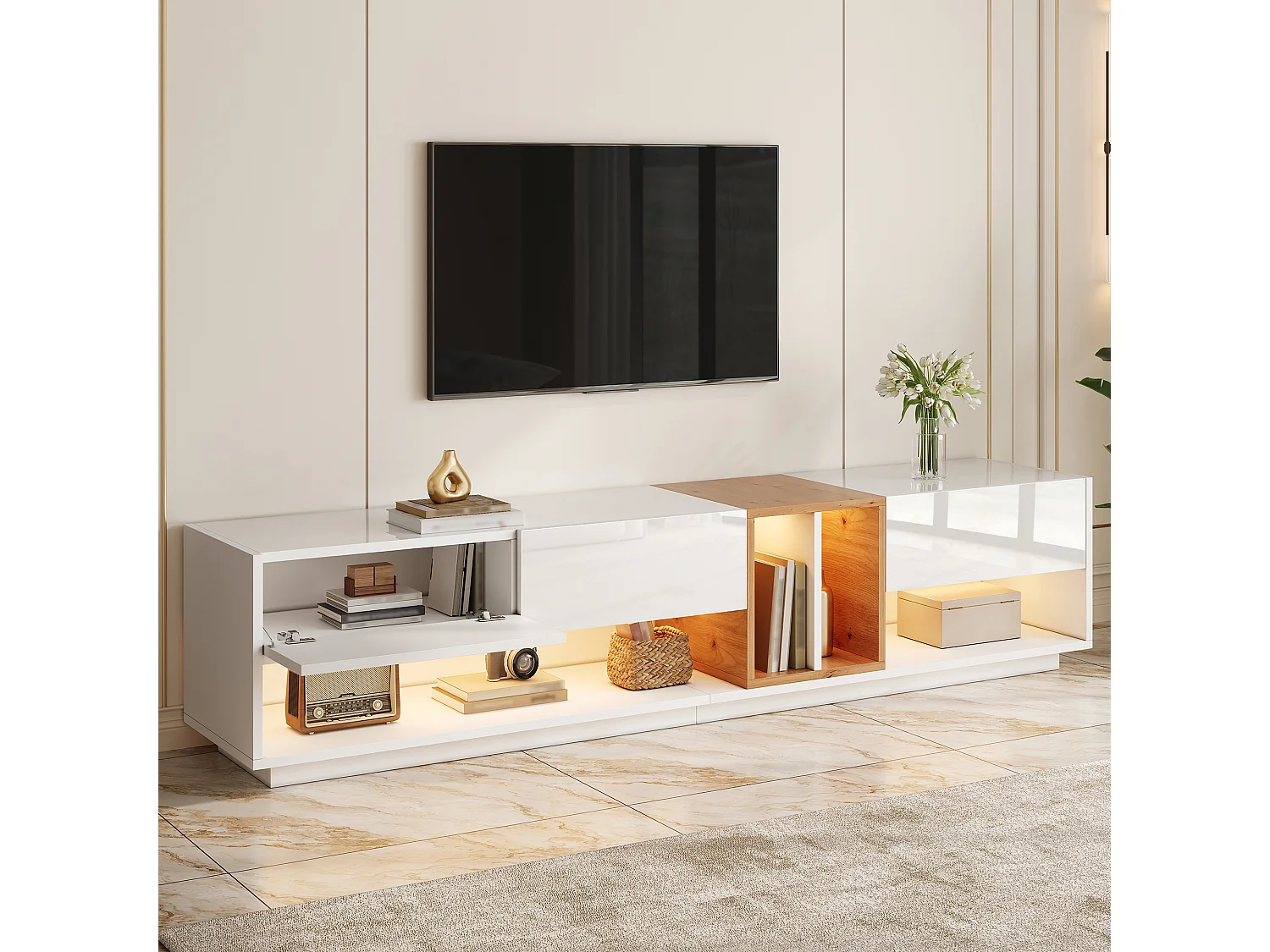 Moderner TV-Schrank 190x38x42 cm - LED-Beleuchtung - Glänzende Oberfläche - 2 Klapptüren - Spanplatten - Weiß