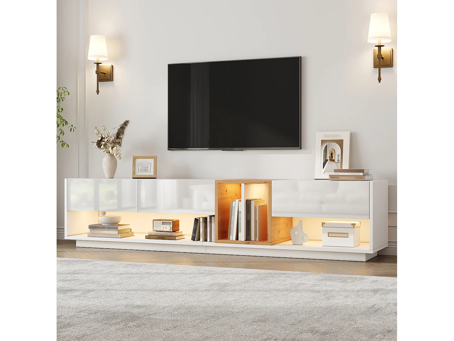 Moderner TV-Schrank 190x38x42 cm - LED-Beleuchtung - Glänzende Oberfläche - 2 Klapptüren - Spanplatten - Weiß