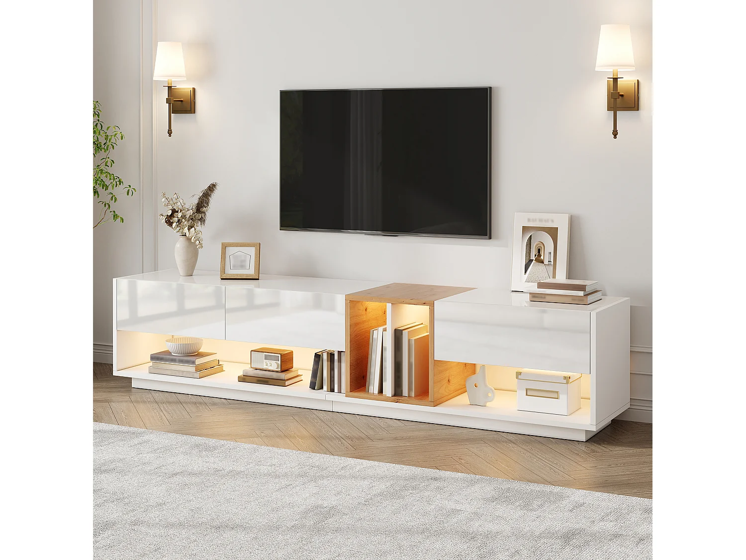 Moderner TV-Schrank 190x38x42 cm - LED-Beleuchtung - Glänzende Oberfläche - 2 Klapptüren - Spanplatten - Weiß