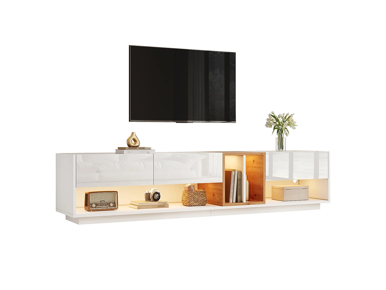 Moderner TV-Schrank 190x38x42 cm - LED-Beleuchtung - Glänzende Oberfläche - 2 Klapptüren - Spanplatten - Weiß