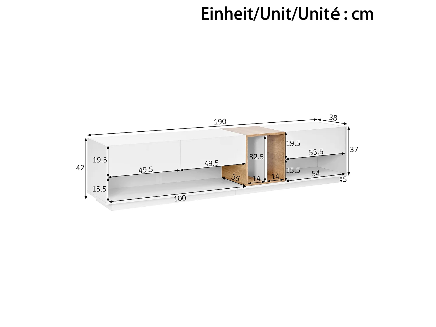 Moderner TV-Schrank 190x38x42 cm - LED-Beleuchtung - Glänzende Oberfläche - 2 Klapptüren - Spanplatten - Weiß