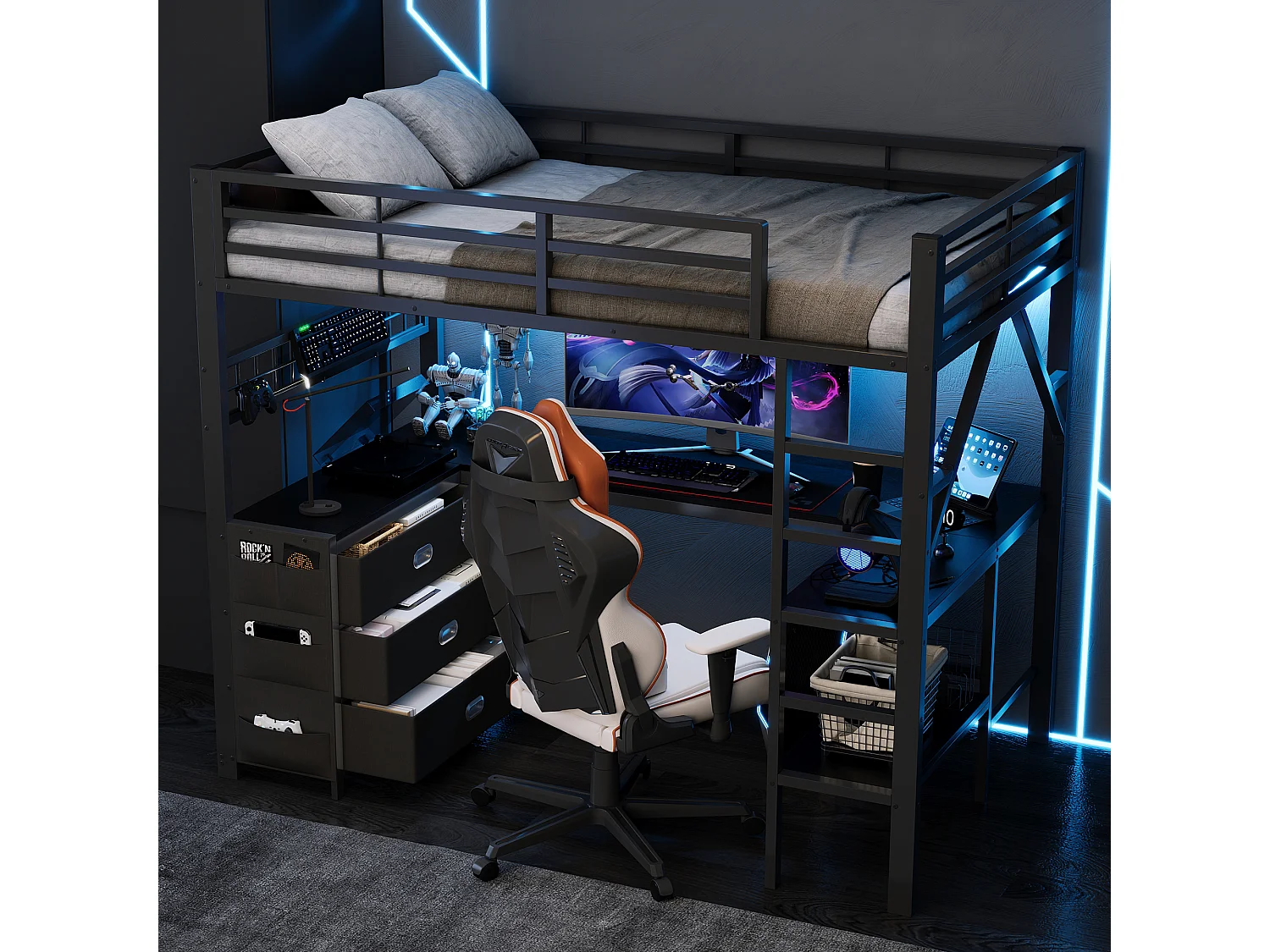Lit mezzanine en métal 90 x 200 cm - avec 3 tiroirs, bureau et étagères - Port USB et éclairage LED - Noir (matelas non inclus)