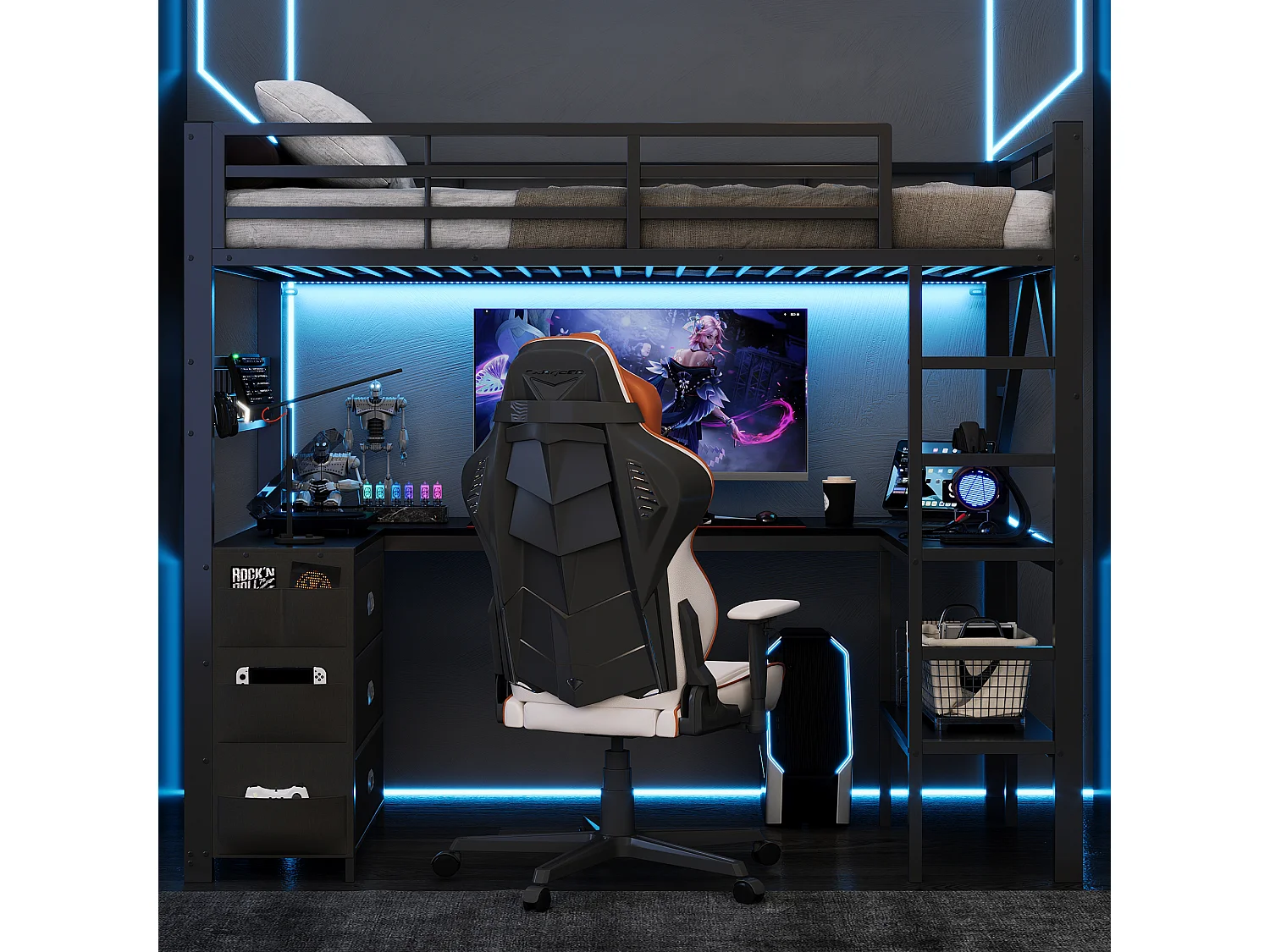 Lit mezzanine en métal 90 x 200 cm - avec 3 tiroirs, bureau et étagères - Port USB et éclairage LED - Noir (matelas non inclus)