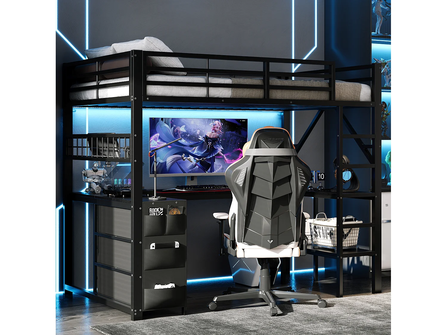 Lit mezzanine en métal 90 x 200 cm - avec 3 tiroirs, bureau et étagères - Port USB et éclairage LED - Noir (matelas non inclus)