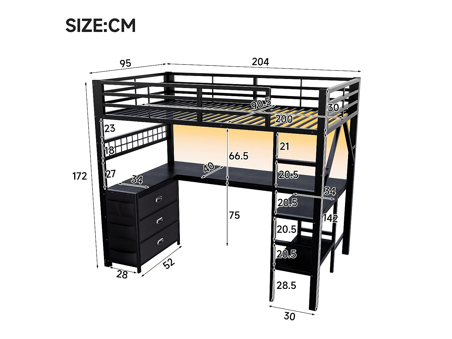 Lit mezzanine en métal 90 x 200 cm - avec 3 tiroirs, bureau et étagères - Port USB et éclairage LED - Noir (matelas non inclus)