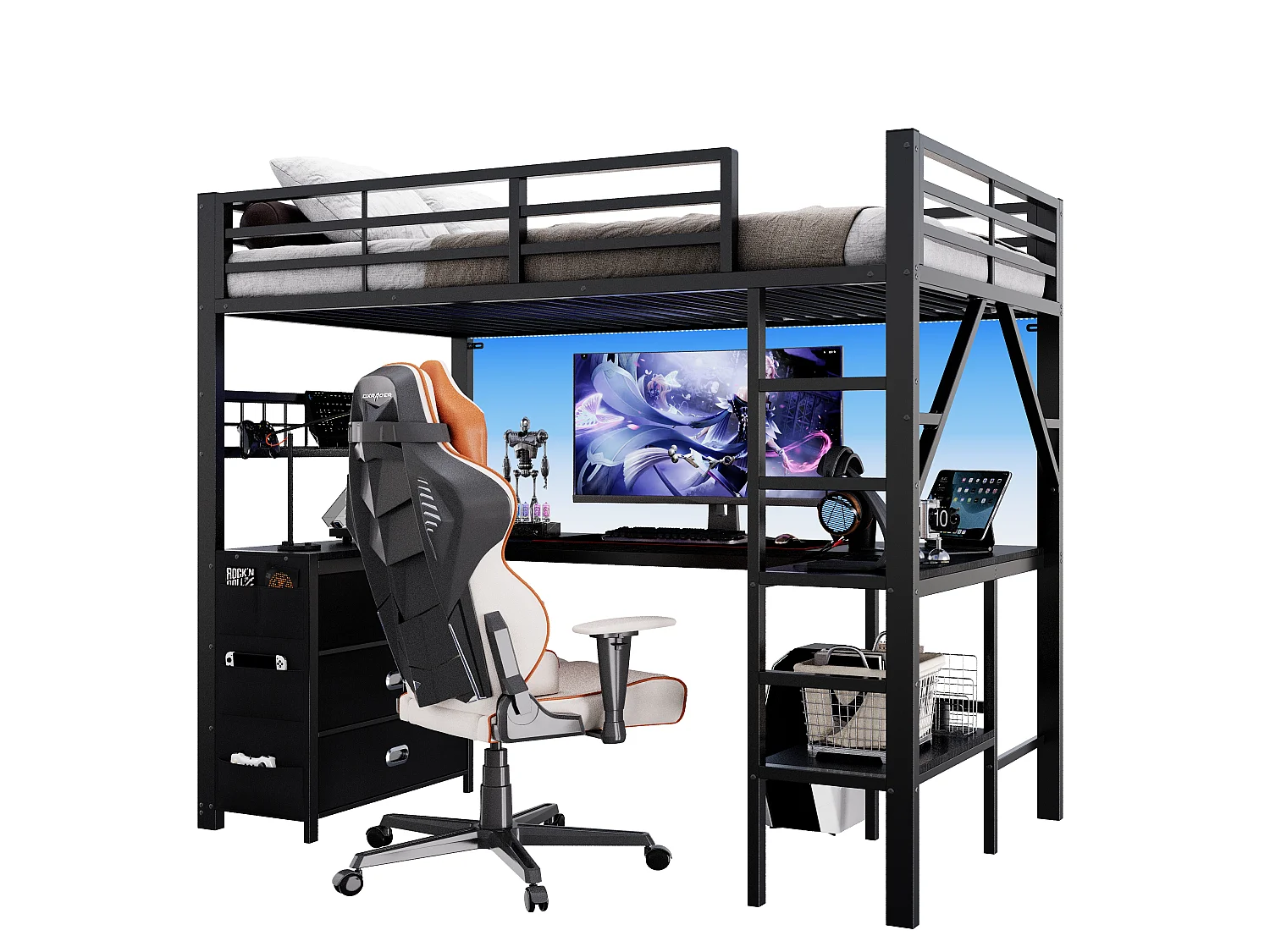 Lit mezzanine en métal 90 x 200 cm - avec 3 tiroirs, bureau et étagères - Port USB et éclairage LED - Noir (matelas non inclus)