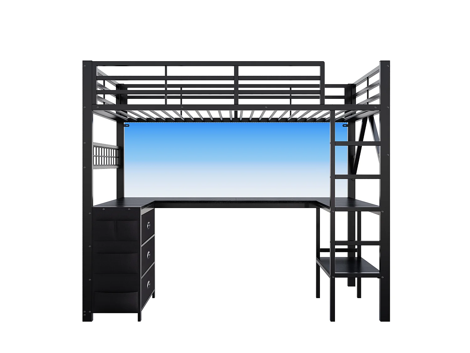 Lit mezzanine en métal 90 x 200 cm - avec 3 tiroirs, bureau et étagères - Port USB et éclairage LED - Noir (matelas non inclus)