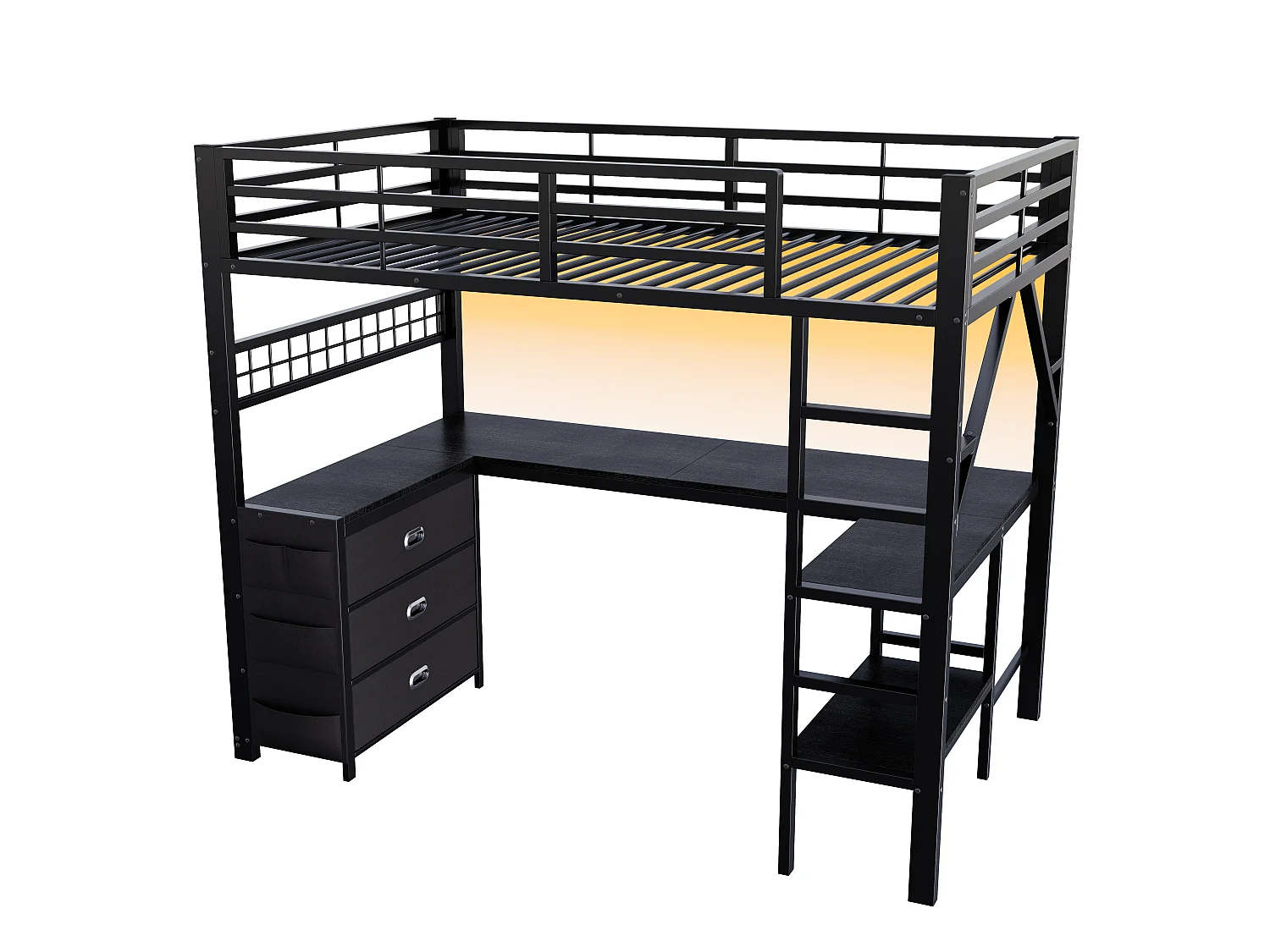 Lit mezzanine en métal 90 x 200 cm - avec 3 tiroirs, bureau et étagères - Port USB et éclairage LED - Noir (matelas non inclus)