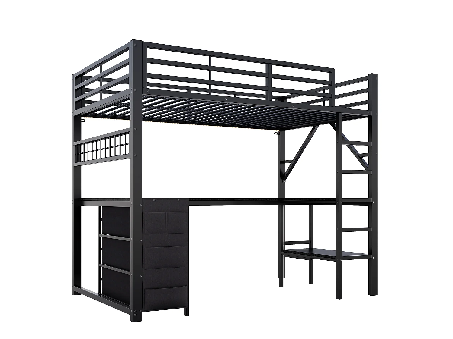 Lit mezzanine en métal 90 x 200 cm - avec 3 tiroirs, bureau et étagères - Port USB et éclairage LED - Noir (matelas non inclus)