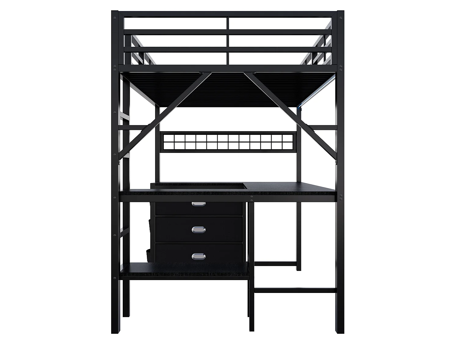 Lit mezzanine en métal 90 x 200 cm - avec 3 tiroirs, bureau et étagères - Port USB et éclairage LED - Noir (matelas non inclus)