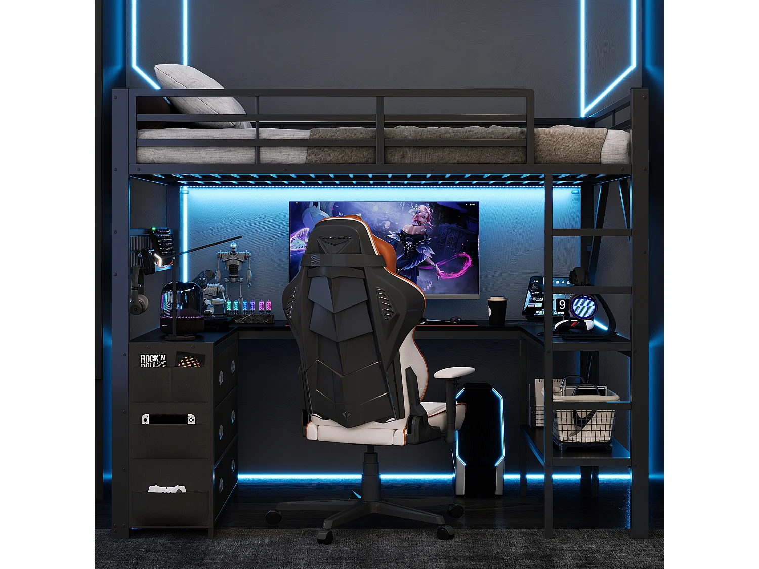 Lit mezzanine en métal 140x 200 cm - avec 6 tiroirs, bureau et étagères - Port USB et éclairage LED - Noir (matelas non inclus)