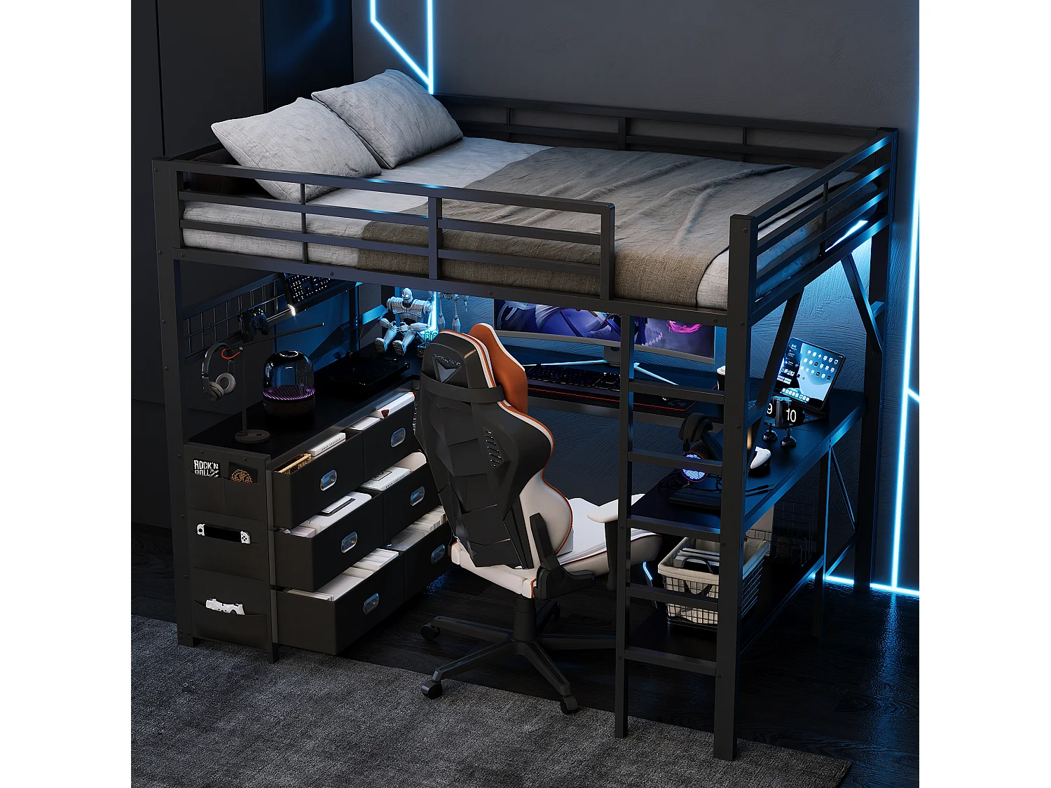 Lit mezzanine en métal 140x 200 cm - avec 6 tiroirs, bureau et étagères - Port USB et éclairage LED - Noir (matelas non inclus)