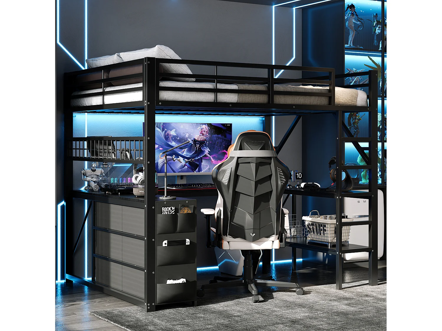 Lit mezzanine en métal 140x 200 cm - avec 6 tiroirs, bureau et étagères - Port USB et éclairage LED - Noir (matelas non inclus)