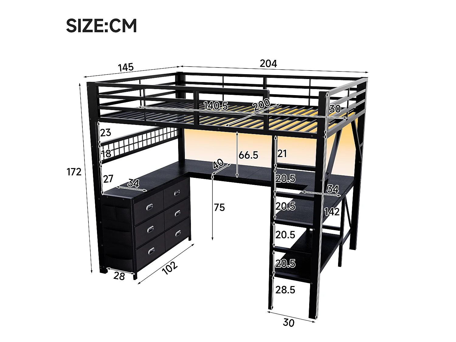 Lit mezzanine en métal 140x 200 cm - avec 6 tiroirs, bureau et étagères - Port USB et éclairage LED - Noir (matelas non inclus)