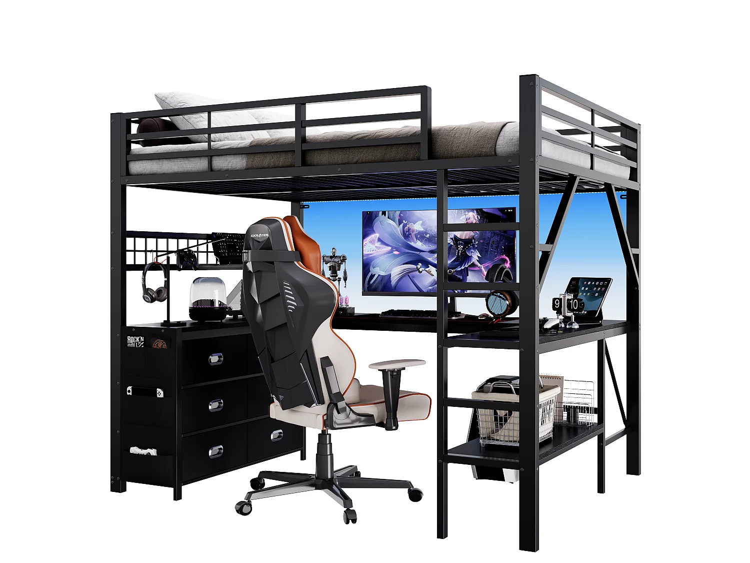 Lit mezzanine en métal 140x 200 cm - avec 6 tiroirs, bureau et étagères - Port USB et éclairage LED - Noir (matelas non inclus)