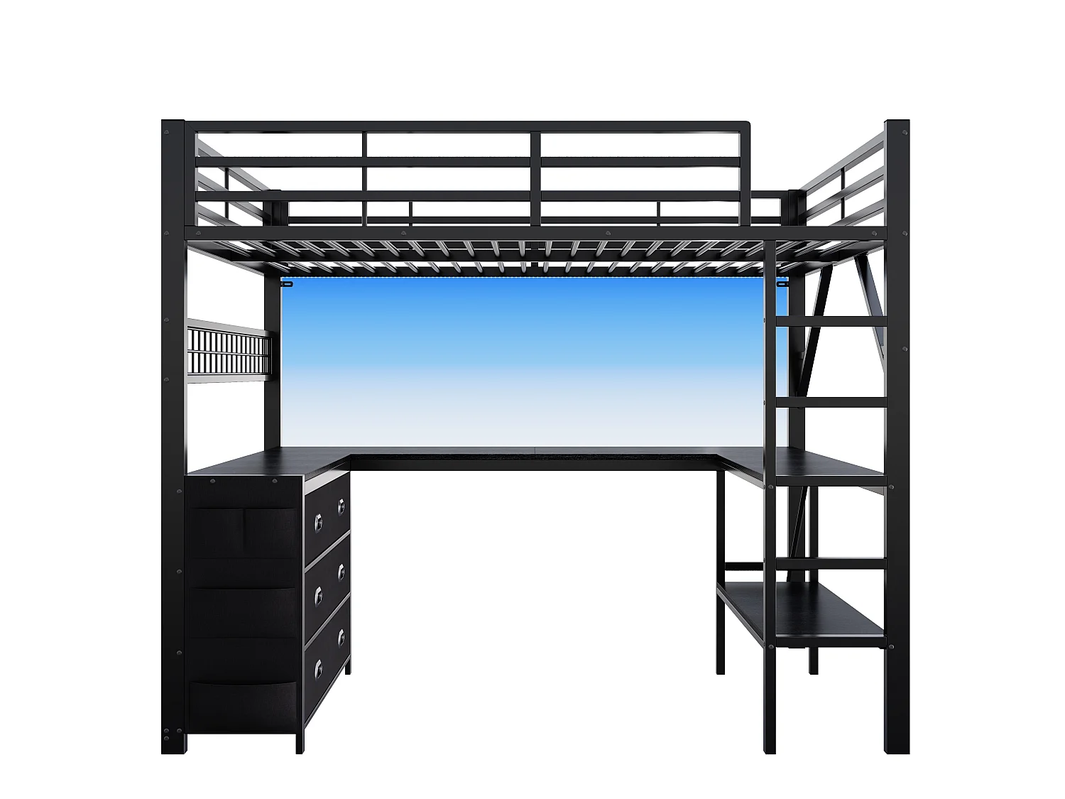 Lit mezzanine en métal 140x 200 cm - avec 6 tiroirs, bureau et étagères - Port USB et éclairage LED - Noir (matelas non inclus)