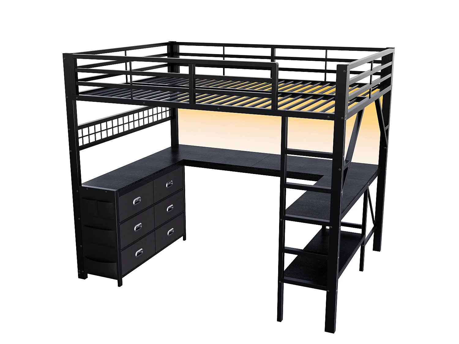 Lit mezzanine en métal 140x 200 cm - avec 6 tiroirs, bureau et étagères - Port USB et éclairage LED - Noir (matelas non inclus)