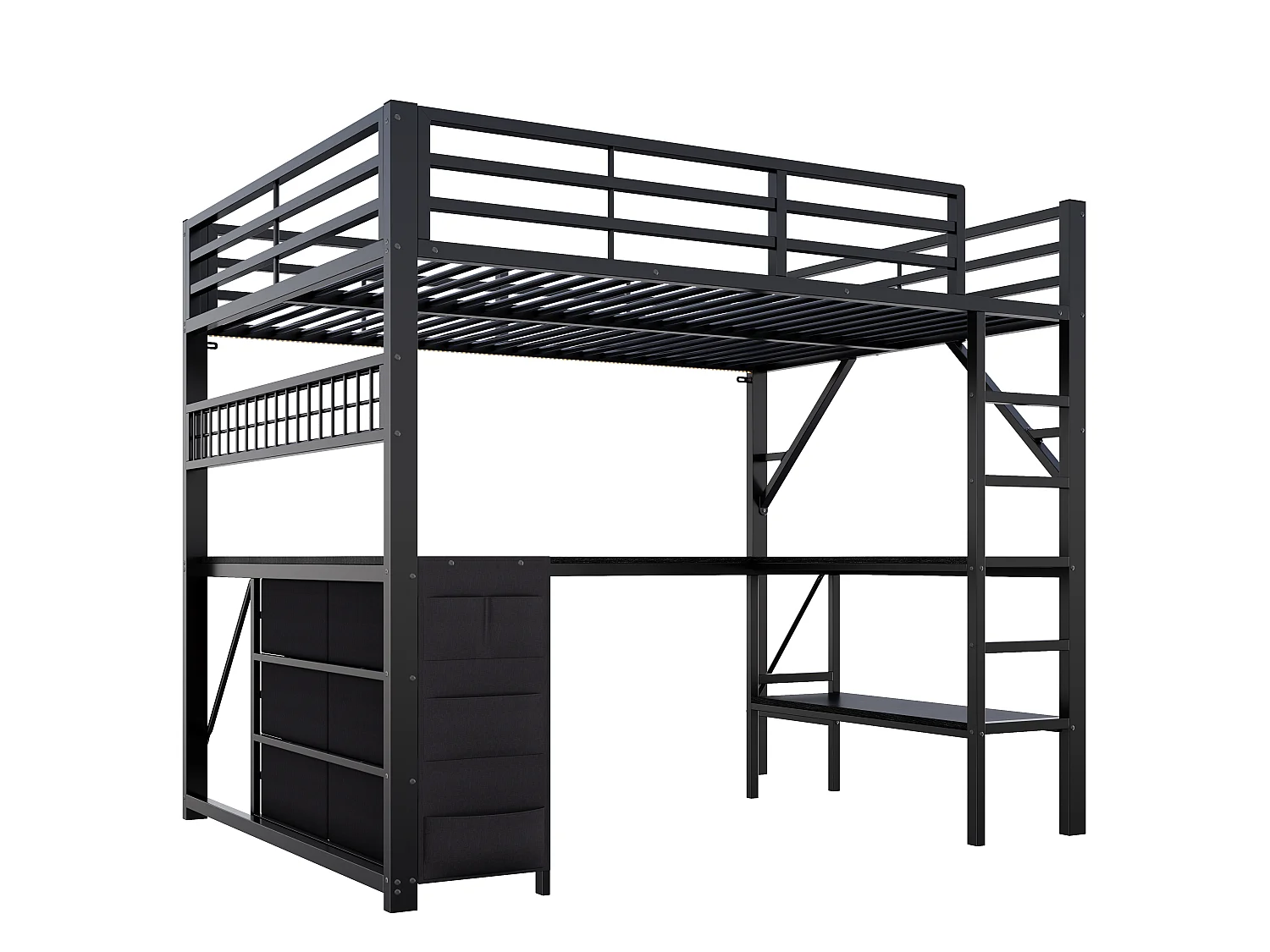 Lit mezzanine en métal 140x 200 cm - avec 6 tiroirs, bureau et étagères - Port USB et éclairage LED - Noir (matelas non inclus)