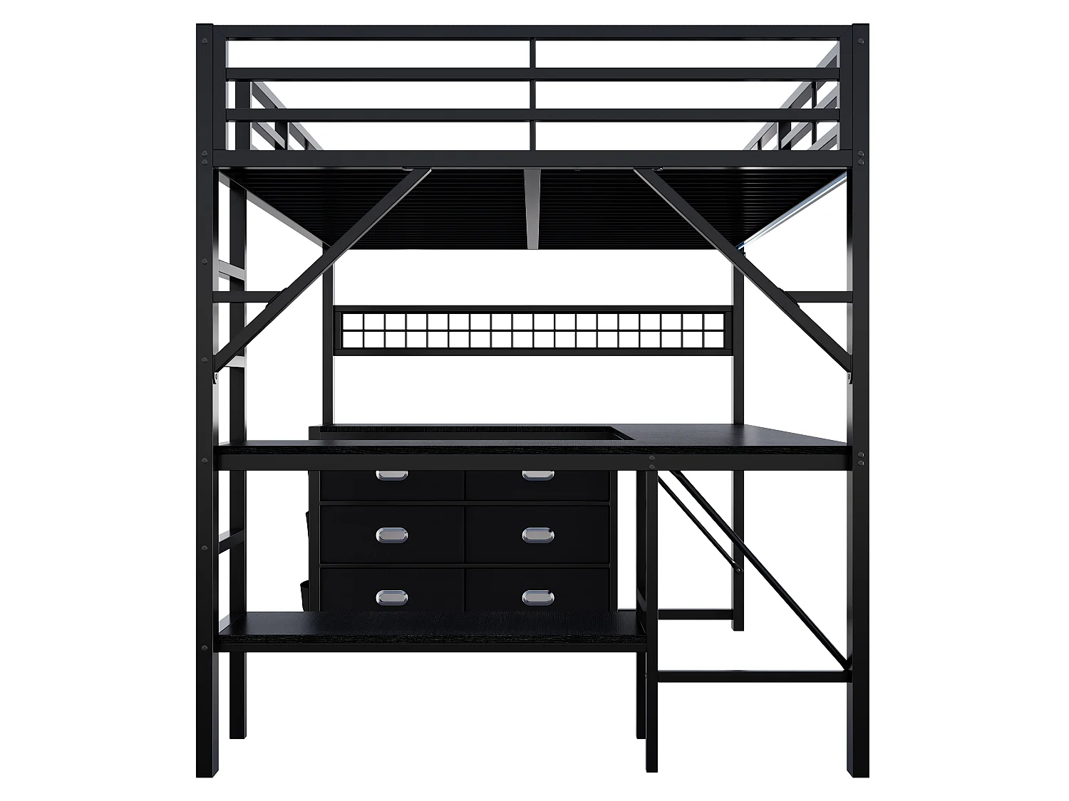 Lit mezzanine en métal 140x 200 cm - avec 6 tiroirs, bureau et étagères - Port USB et éclairage LED - Noir (matelas non inclus)