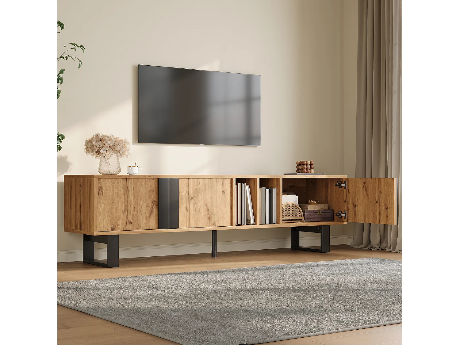 TV-Möbel 160x40x50cm - mit 3 Türen und 2 getrennten Fächern - Metallfüße - natur und schwarz