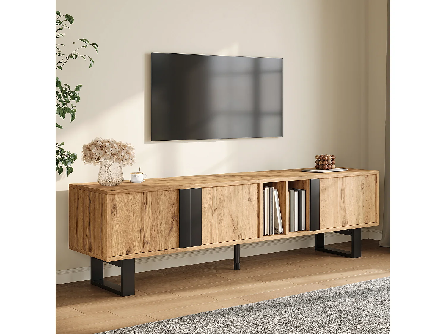 TV-Möbel 160x40x50cm - mit 3 Türen und 2 getrennten Fächern - Metallfüße - natur und schwarz
