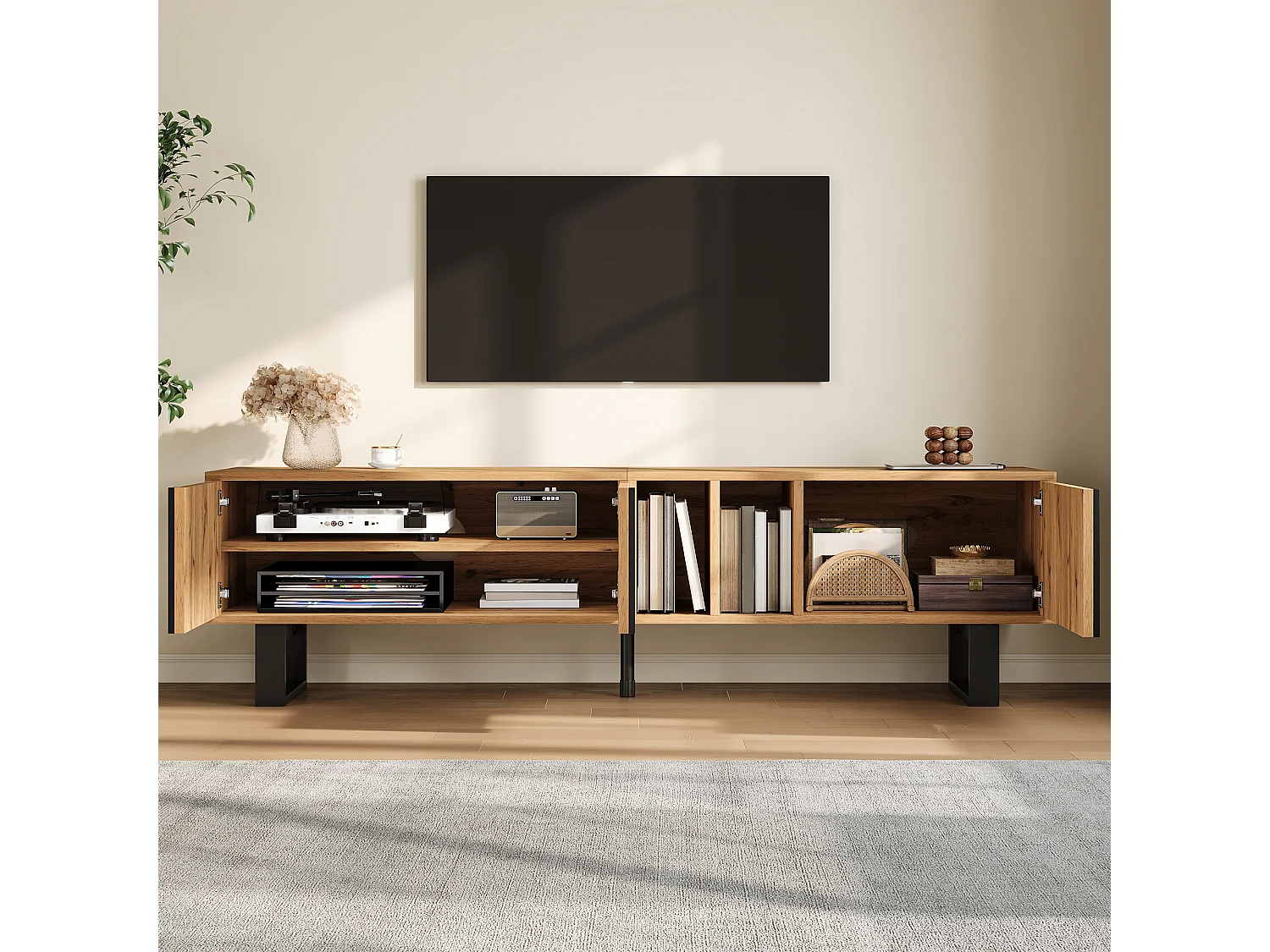 TV-Möbel 160x40x50cm - mit 3 Türen und 2 getrennten Fächern - Metallfüße - natur und schwarz