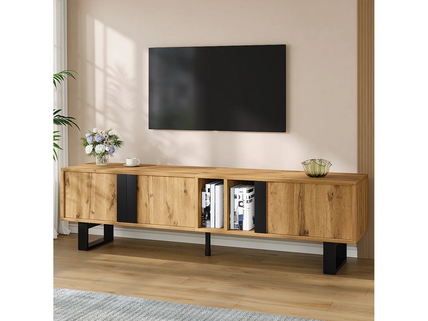 TV-Möbel 160x40x50cm - mit 3 Türen und 2 getrennten Fächern - Metallfüße - natur und schwarz