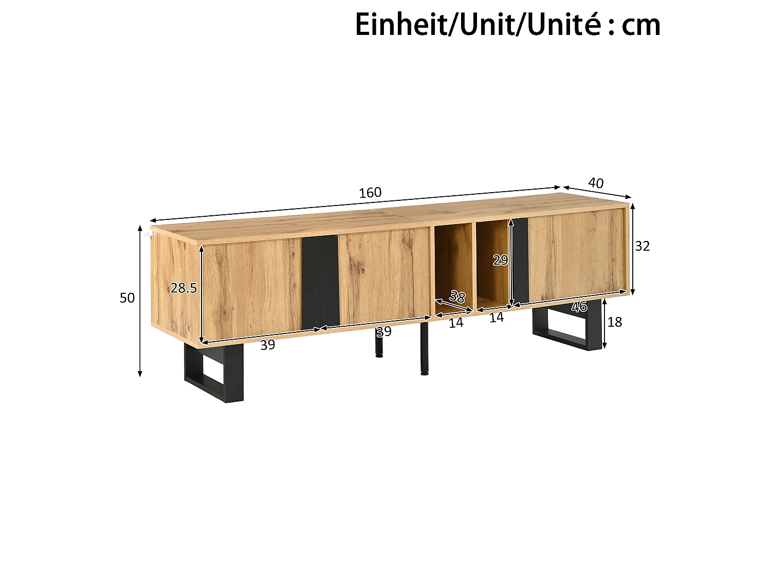 TV-Möbel 160x40x50cm - mit 3 Türen und 2 getrennten Fächern - Metallfüße - natur und schwarz