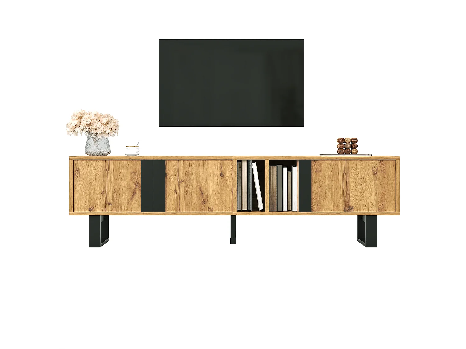 TV-Möbel 160x40x50cm - mit 3 Türen und 2 getrennten Fächern - Metallfüße - natur und schwarz