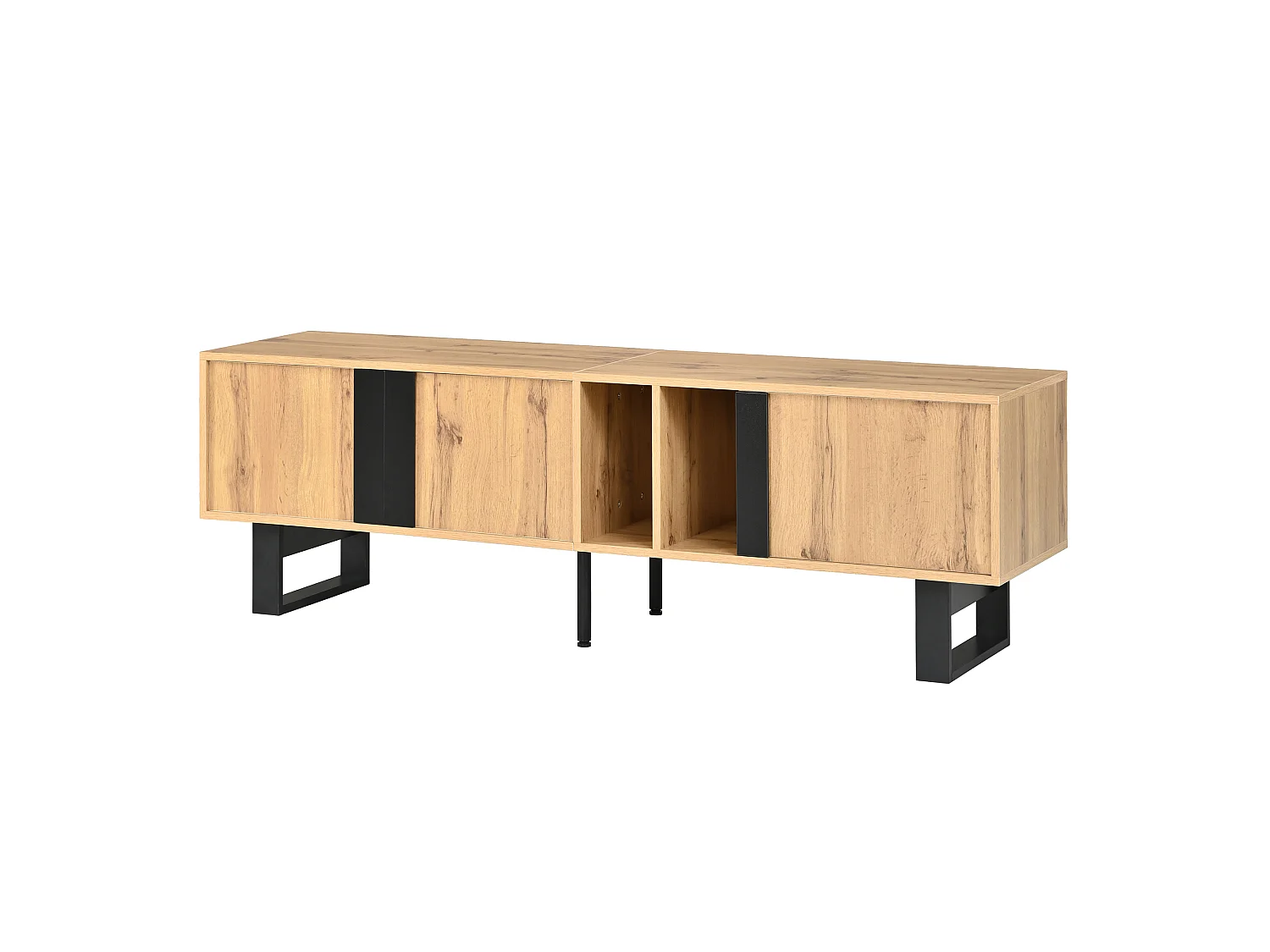 TV-Möbel 160x40x50cm - mit 3 Türen und 2 getrennten Fächern - Metallfüße - natur und schwarz