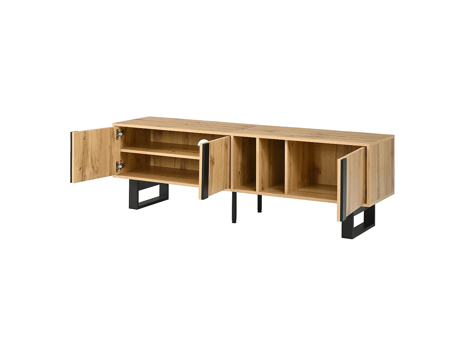 TV-Möbel 160x40x50cm - mit 3 Türen und 2 getrennten Fächern - Metallfüße - natur und schwarz