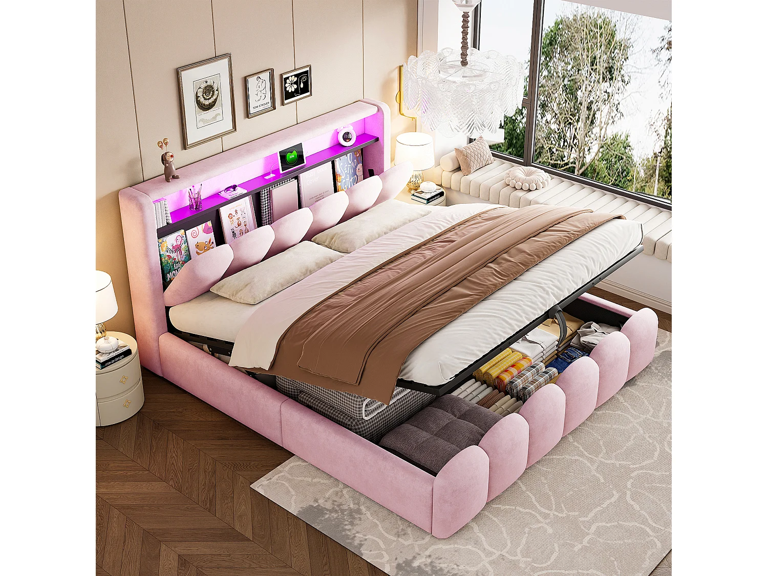 Lit rembourré 180x200 avec rangement - Ports USB+ et Type-C - Lumières LED - Rose (matelas non inclus)