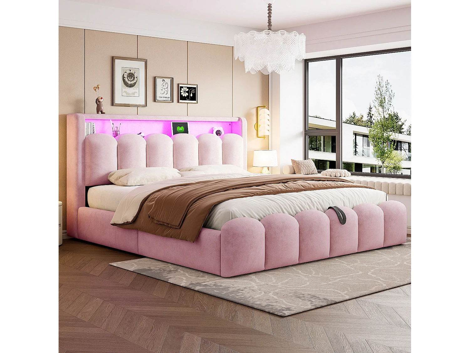 Lit rembourré 180x200 avec rangement - Ports USB+ et Type-C - Lumières LED - Rose (matelas non inclus)