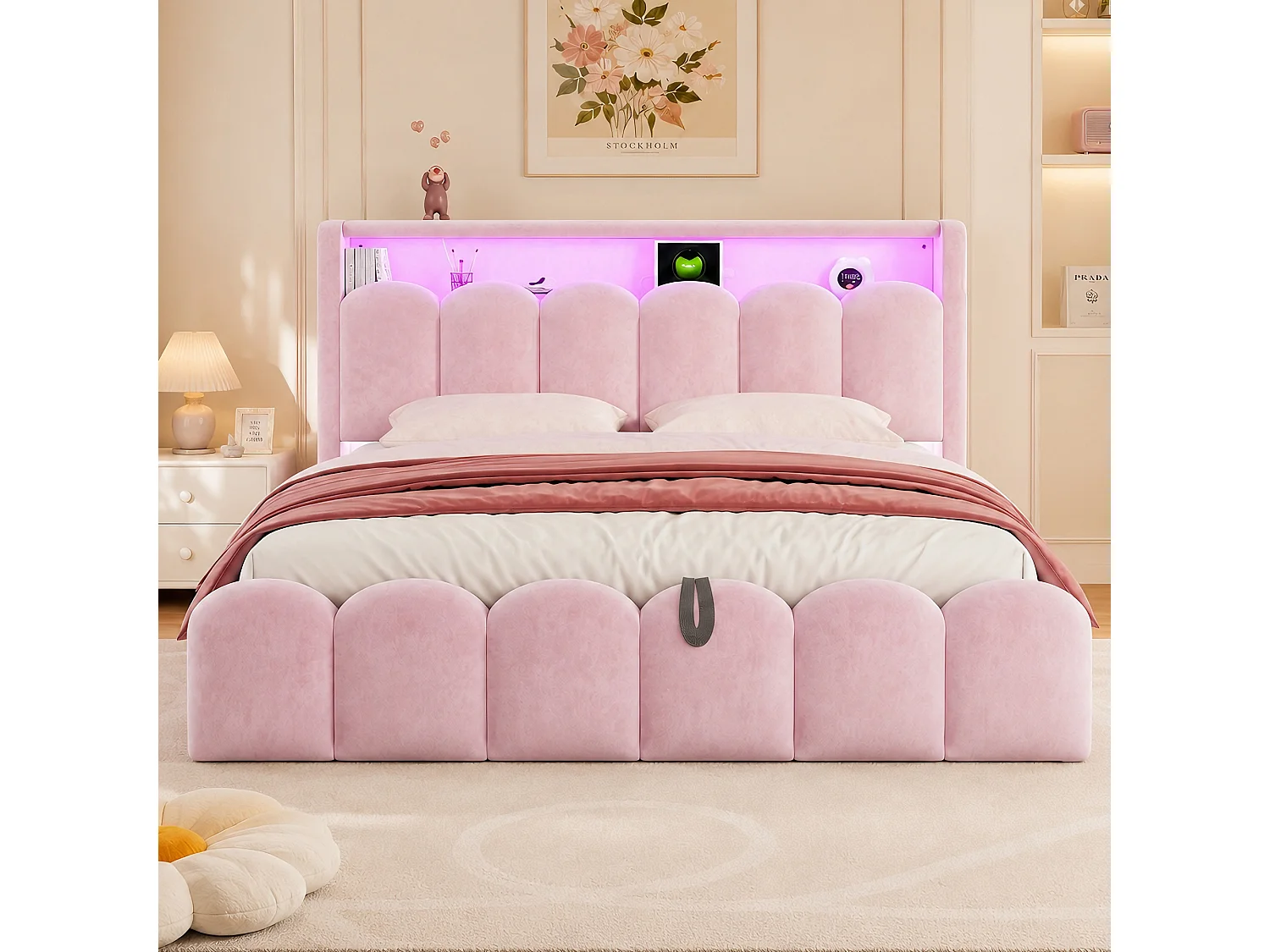 Lit rembourré 180x200 avec rangement - Ports USB+ et Type-C - Lumières LED - Rose (matelas non inclus)